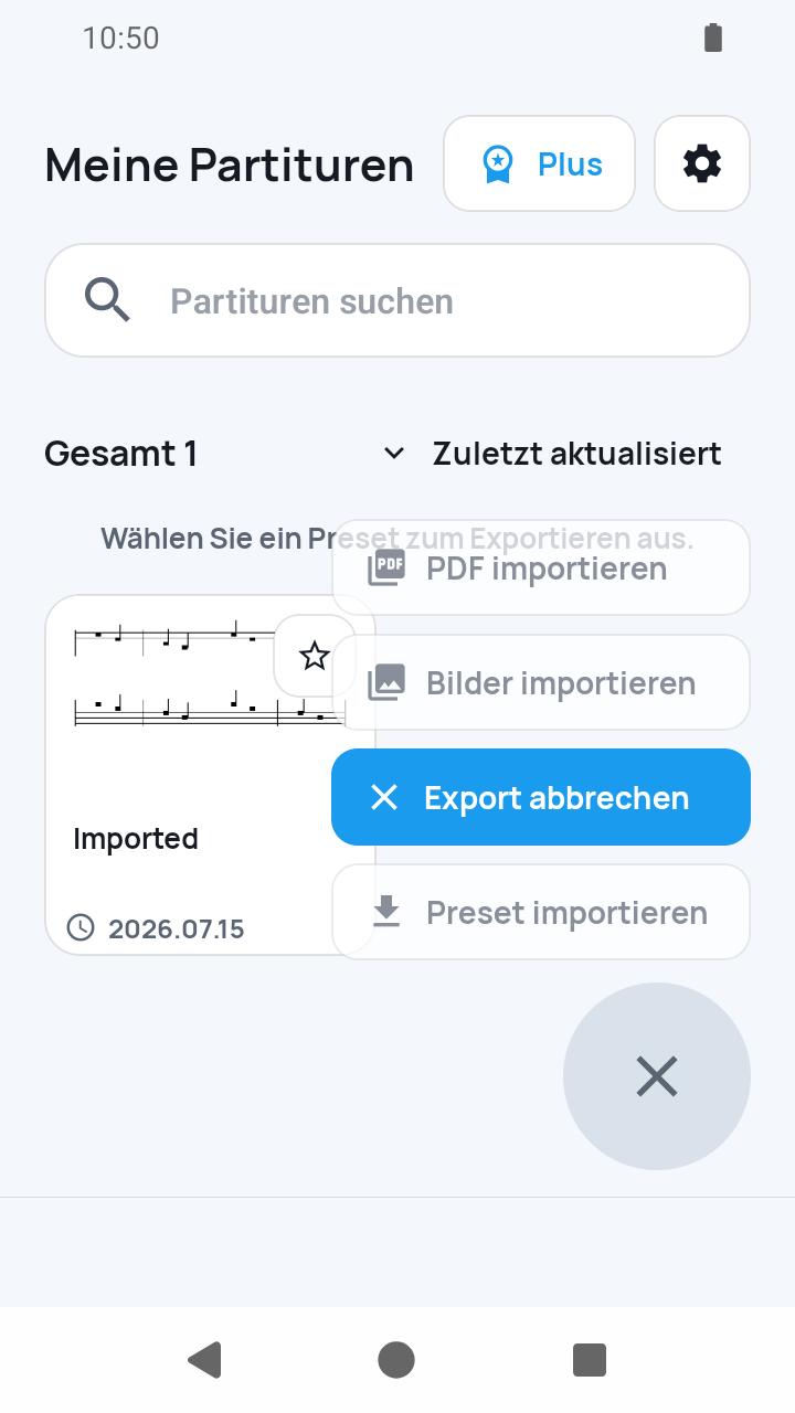 Exportmodus unter Meine Partituren in SheetCue 1.2.5