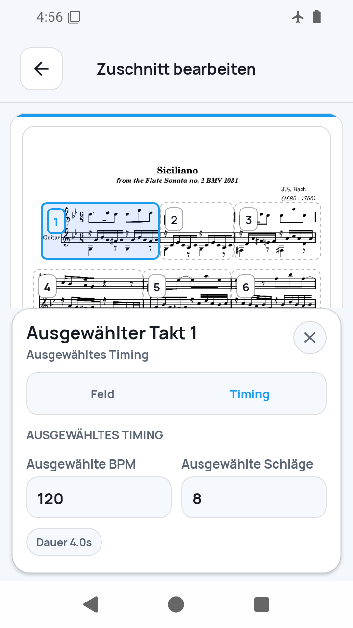 Timingsteuerung in Zuschnitt bearbeiten in SheetCue 1.2.5
