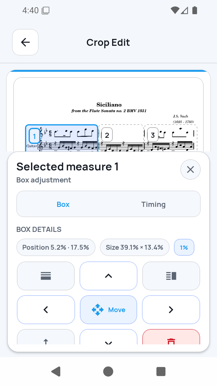 Crop Edit box controls screen in SheetCue 1.2.5
