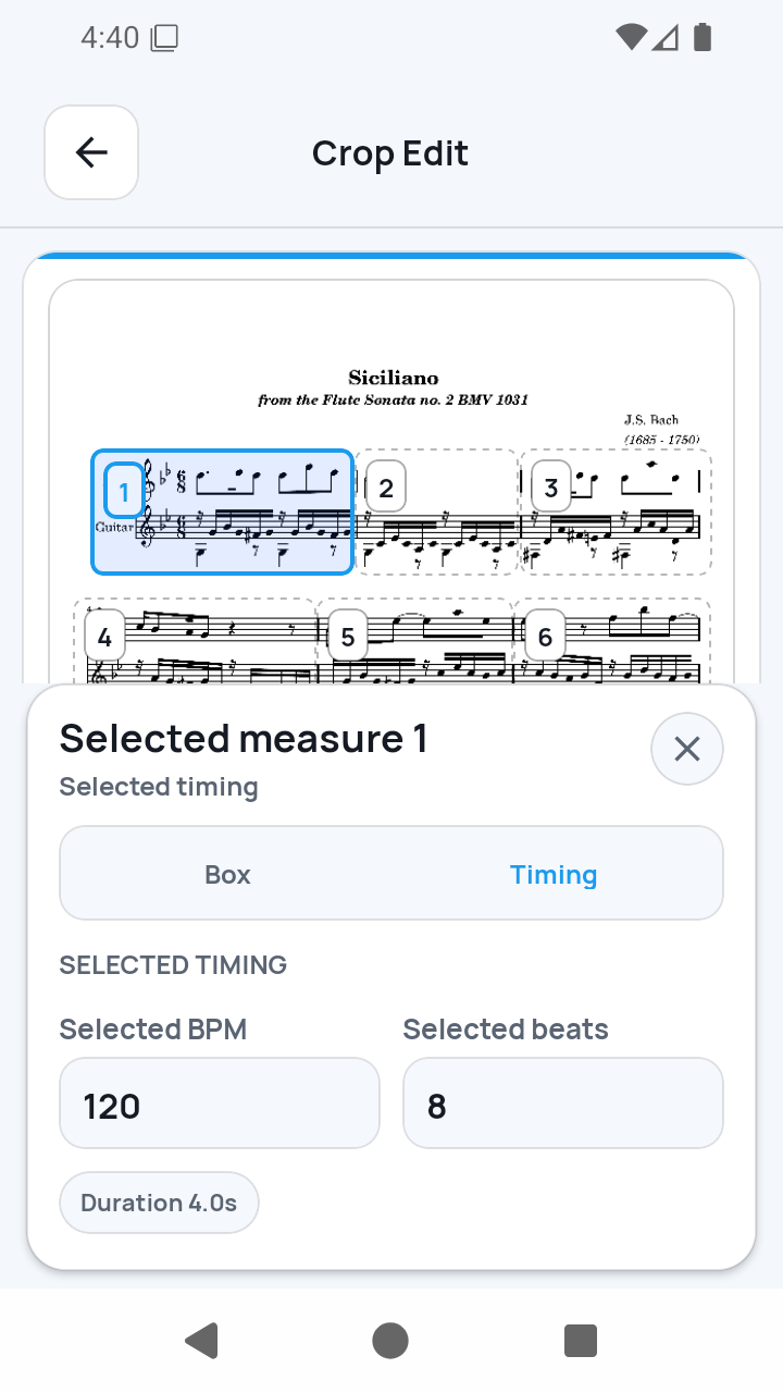 Crop Edit timing controls screen in SheetCue 1.2.5