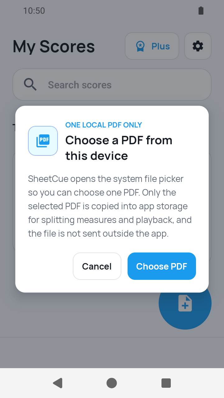 PDF access confirmation screen in SheetCue 1.2.5
