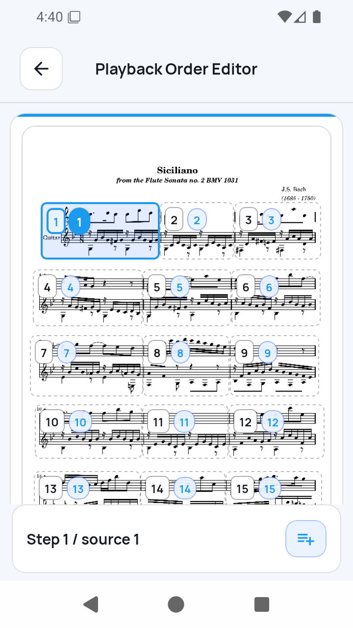 Playback Order Editor screen in SheetCue 1.2.5