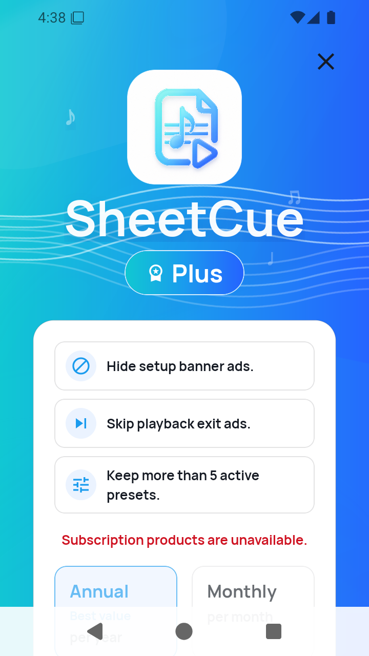 SheetCue Plus plan screen in version 1.2.5