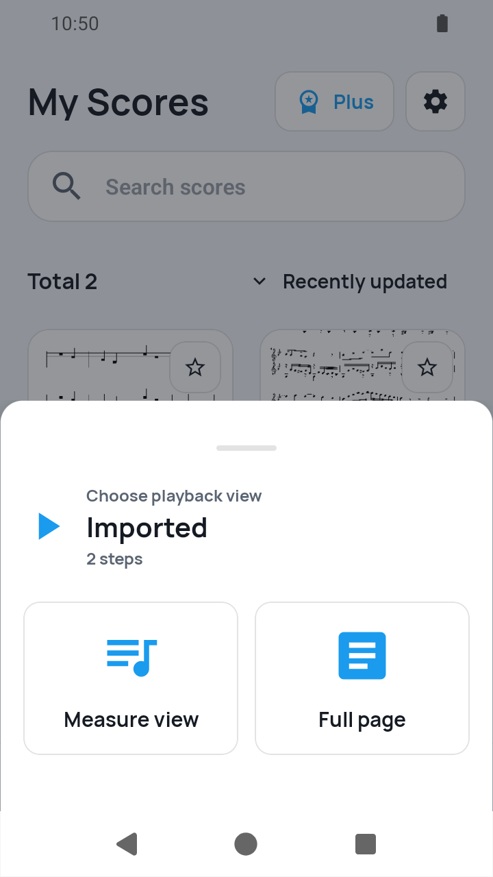 Measure view or Full page choice for the newly imported two-step preset screen in SheetCue 1.2.5