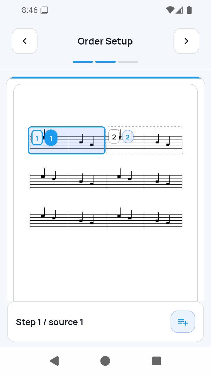 step 2 of 3, Order Setup screen in SheetCue 1.2.5