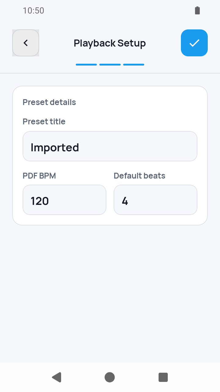 step 3 of 3, Playback Setup screen in SheetCue 1.2.5