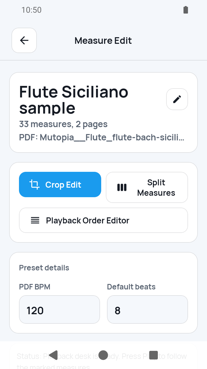 Measure Edit hub screen in SheetCue 1.2.5