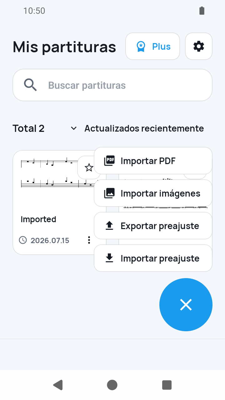 Vista de SheetCue 1.2.5: menú Archivos con Exportar preajuste
