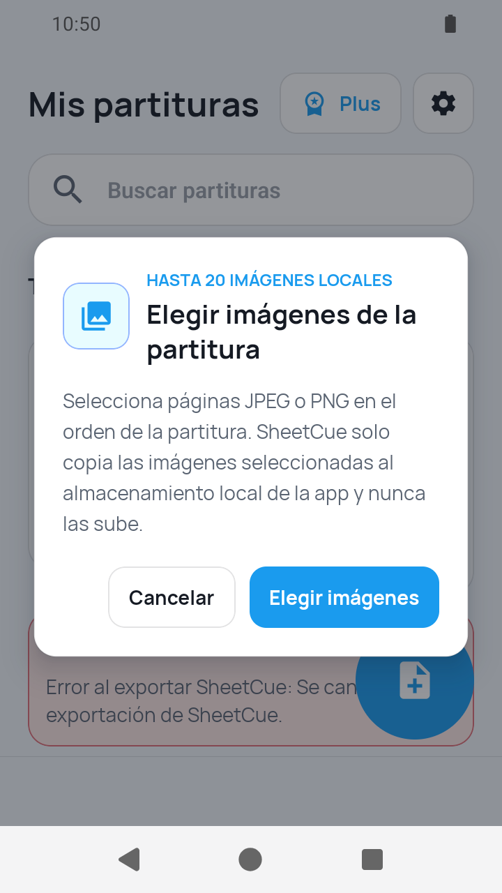 Vista de SheetCue 1.2.5: confirmación de acceso a imágenes