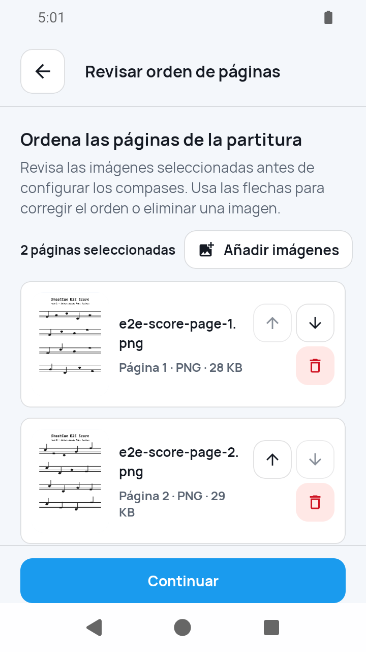 Vista de SheetCue 1.2.5: revisión del orden de imágenes