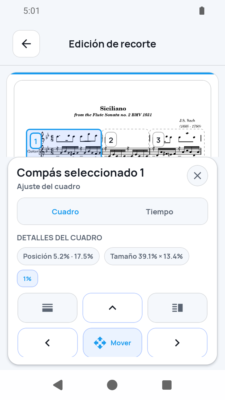 Vista de SheetCue 1.2.5: ajuste de cuadros en Edición de recorte