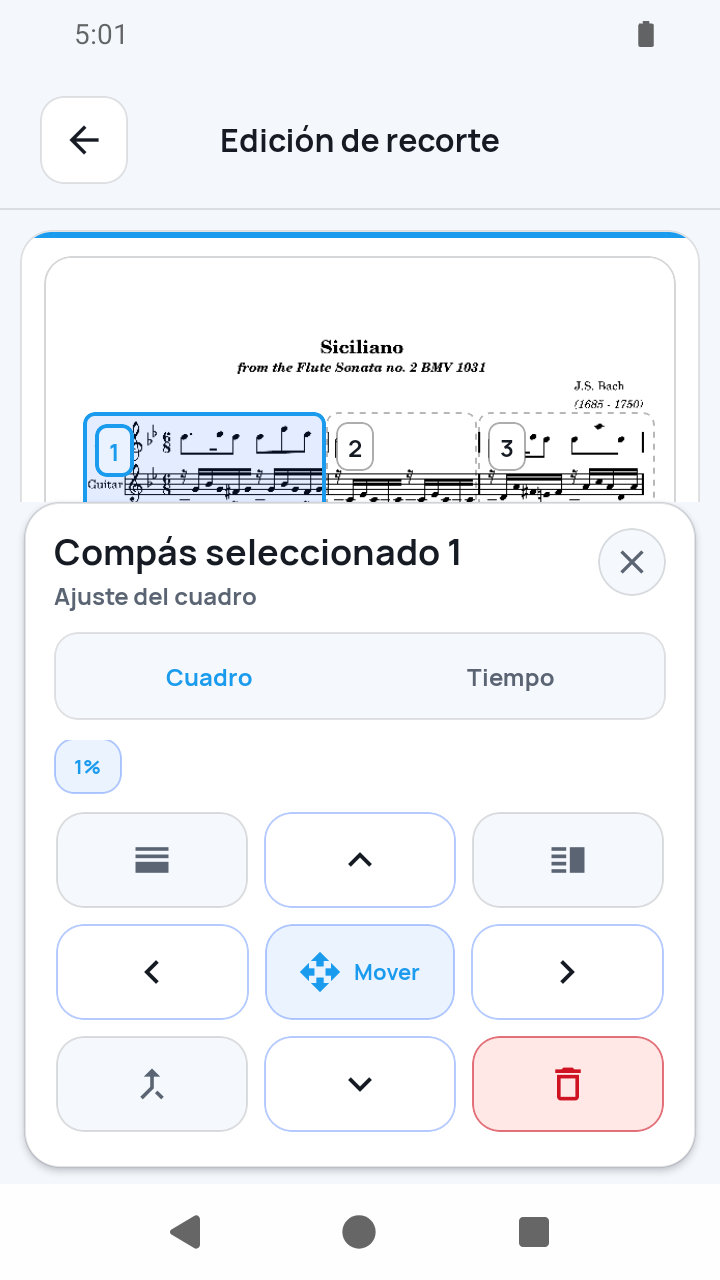 Vista de SheetCue 1.2.5: dividir y unir en Edición de recorte