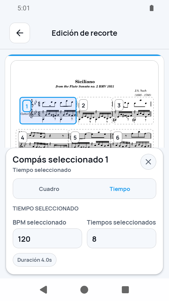 Vista de SheetCue 1.2.5: ajuste de tiempo en Edición de recorte