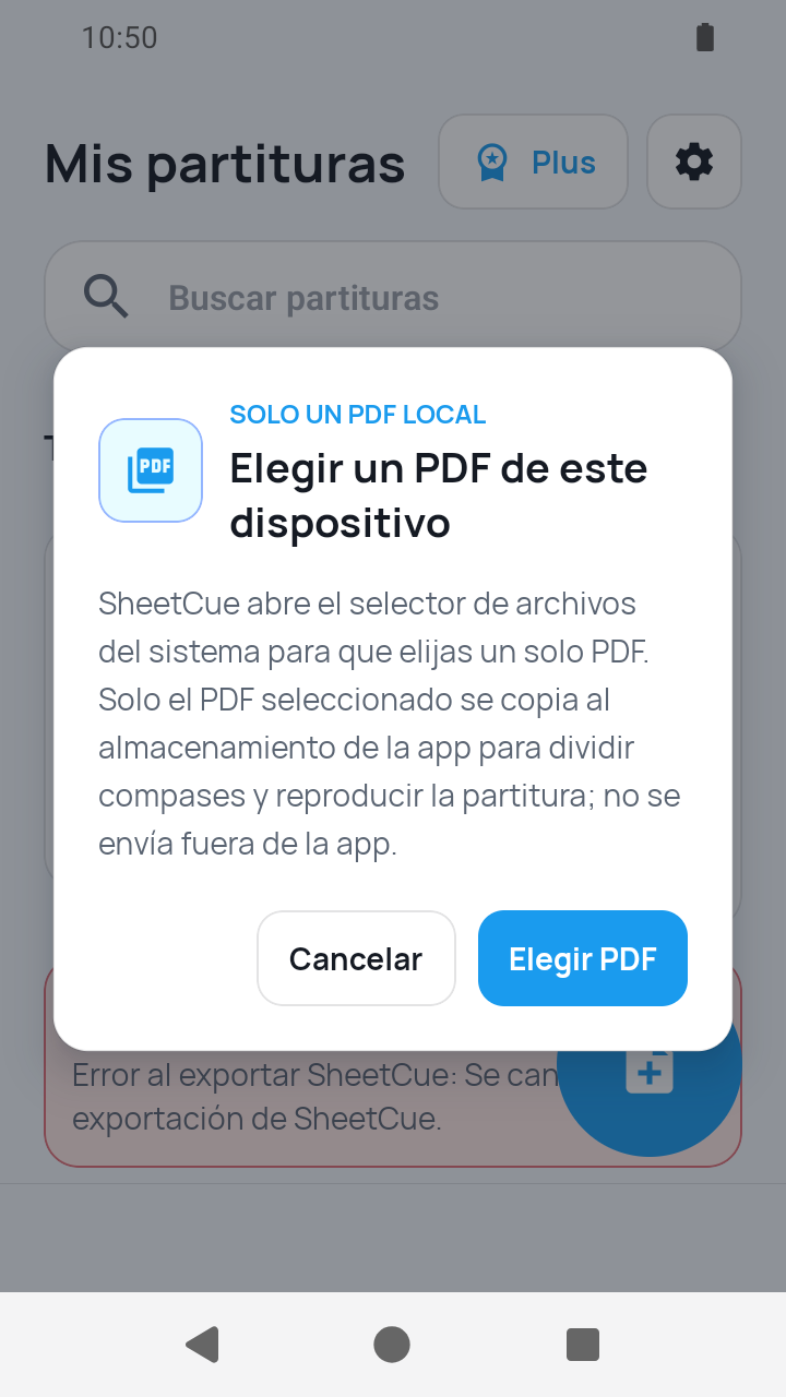 Vista de SheetCue 1.2.5: confirmación de acceso al PDF