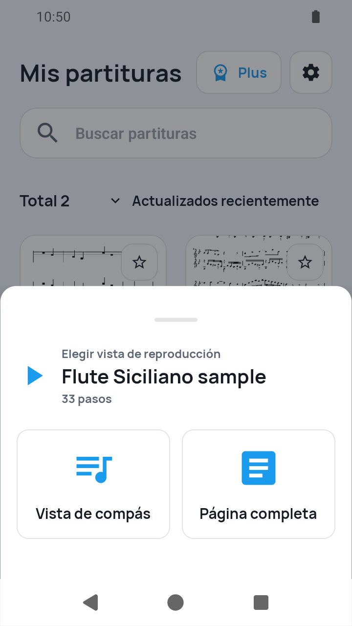 Vista de SheetCue 1.2.5: elección Vista de compás o Página completa