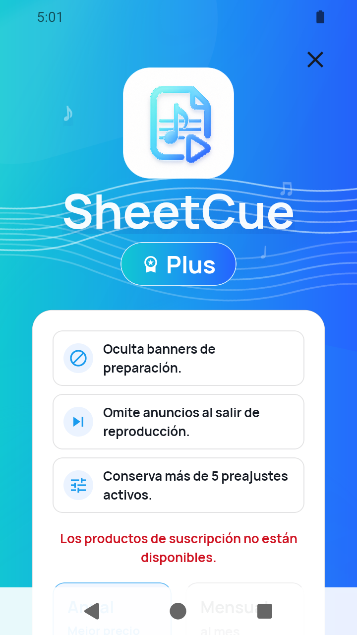 Pantalla de SheetCue Plus en la versión 1.2.5