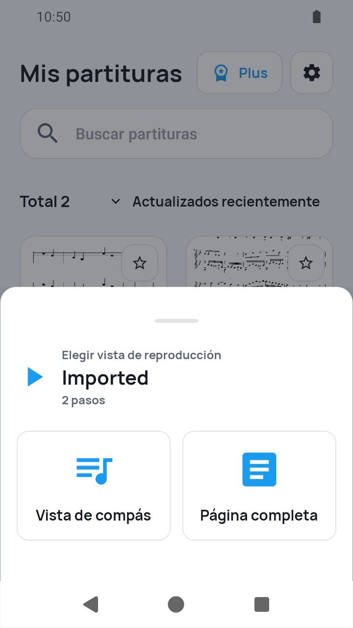 Vista de SheetCue 1.2.5: elección Vista de compás o Página completa para el preajuste importado de 2 pasos