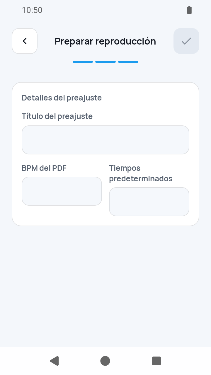 Vista de SheetCue 1.2.5: Preparar reproducción con icono de verificación inactivo