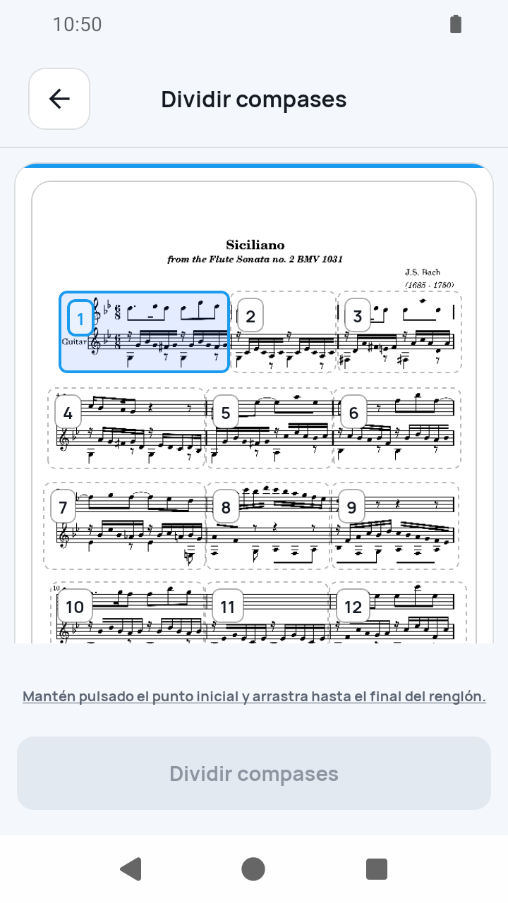 Vista de SheetCue 1.2.5: editor de línea Dividir compases