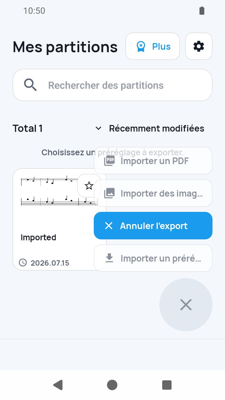 Vue de l'app SheetCue 1.2.5 : mode export de Mes partitions