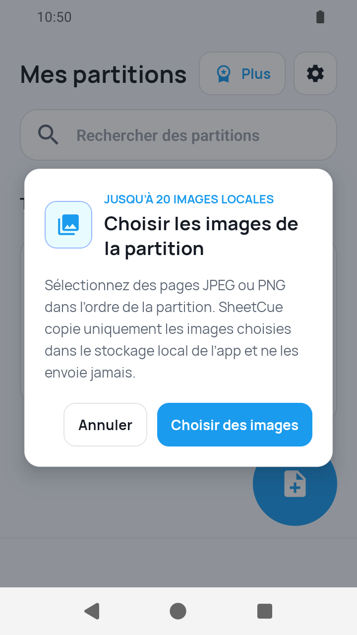 Vue de l'app SheetCue 1.2.5 : confirmation d'accès aux images