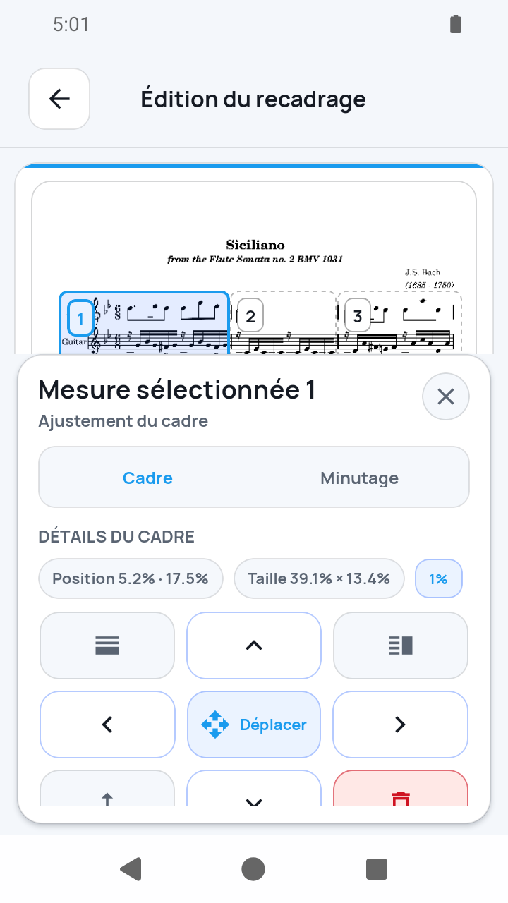 Vue de l'app SheetCue 1.2.5 : réglage des cadres dans Édition du recadrage