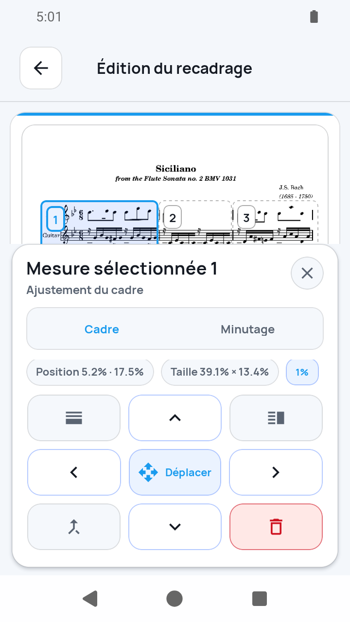 Vue de l'app SheetCue 1.2.5 : division et fusion dans Édition du recadrage
