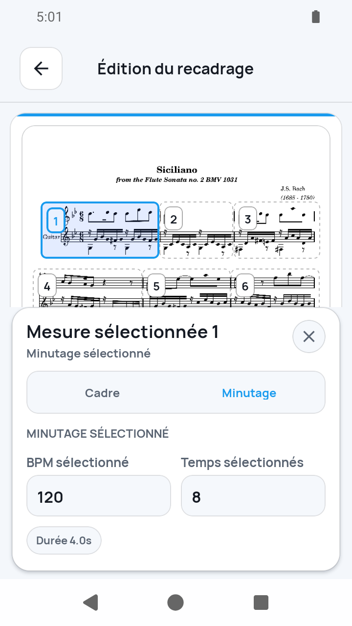 Vue de l'app SheetCue 1.2.5 : réglage du minutage dans Édition du recadrage