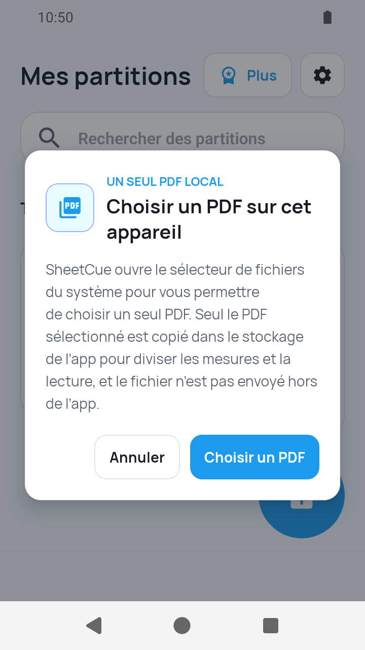 Vue de l'app SheetCue 1.2.5 : confirmation d'accès au PDF