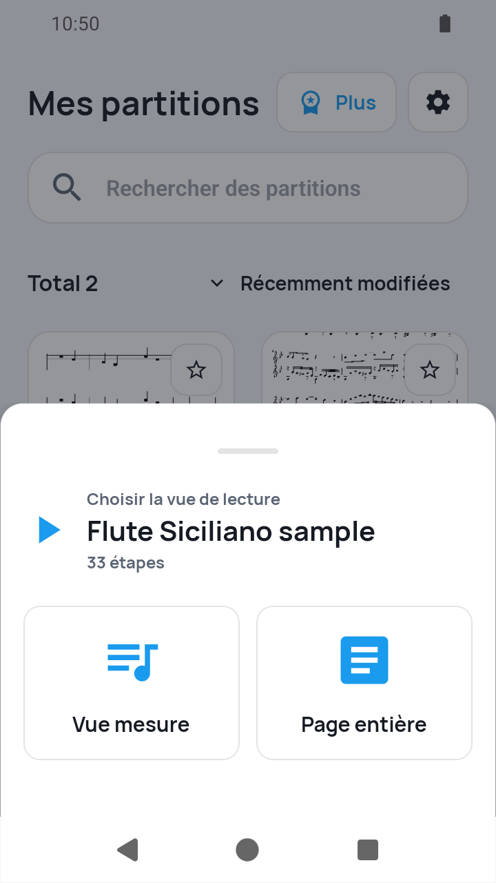 Vue de l'app SheetCue 1.2.5 : choix Vue mesure ou Page entière