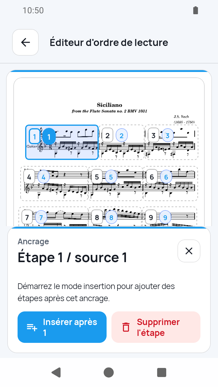 Vue de l'app SheetCue 1.2.5 : étape d'ancrage et bouton numéroté Insérer après