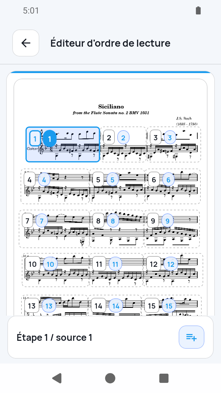 Vue de l'app SheetCue 1.2.5 : éditeur d'ordre de lecture