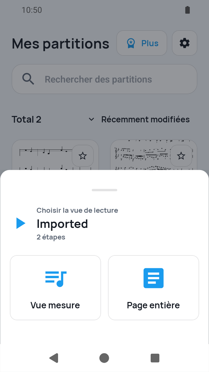 Vue de l'app SheetCue 1.2.5 : choix Vue mesure ou Page entière pour le préréglage importé de 2 étapes