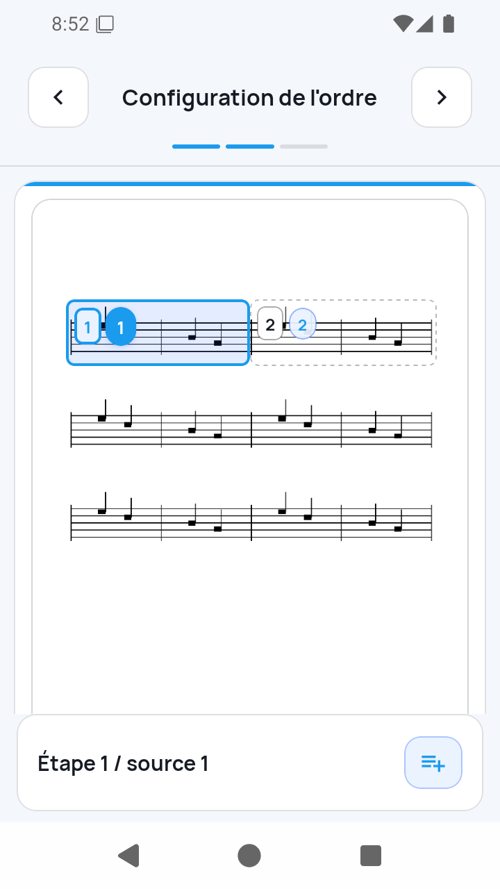 Vue de l'app SheetCue 1.2.5 : étape d'import 2/3 : Configuration de l'ordre