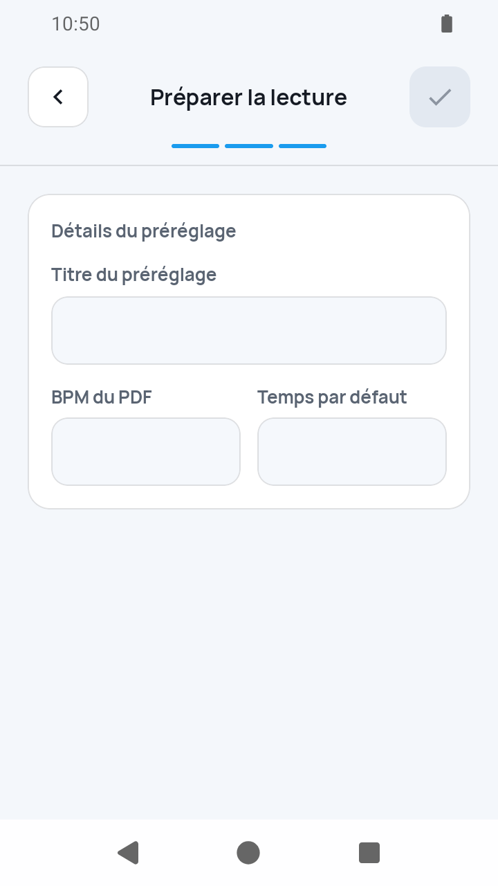 Vue de l'app SheetCue 1.2.5 : Préparer la lecture avec coche inactive