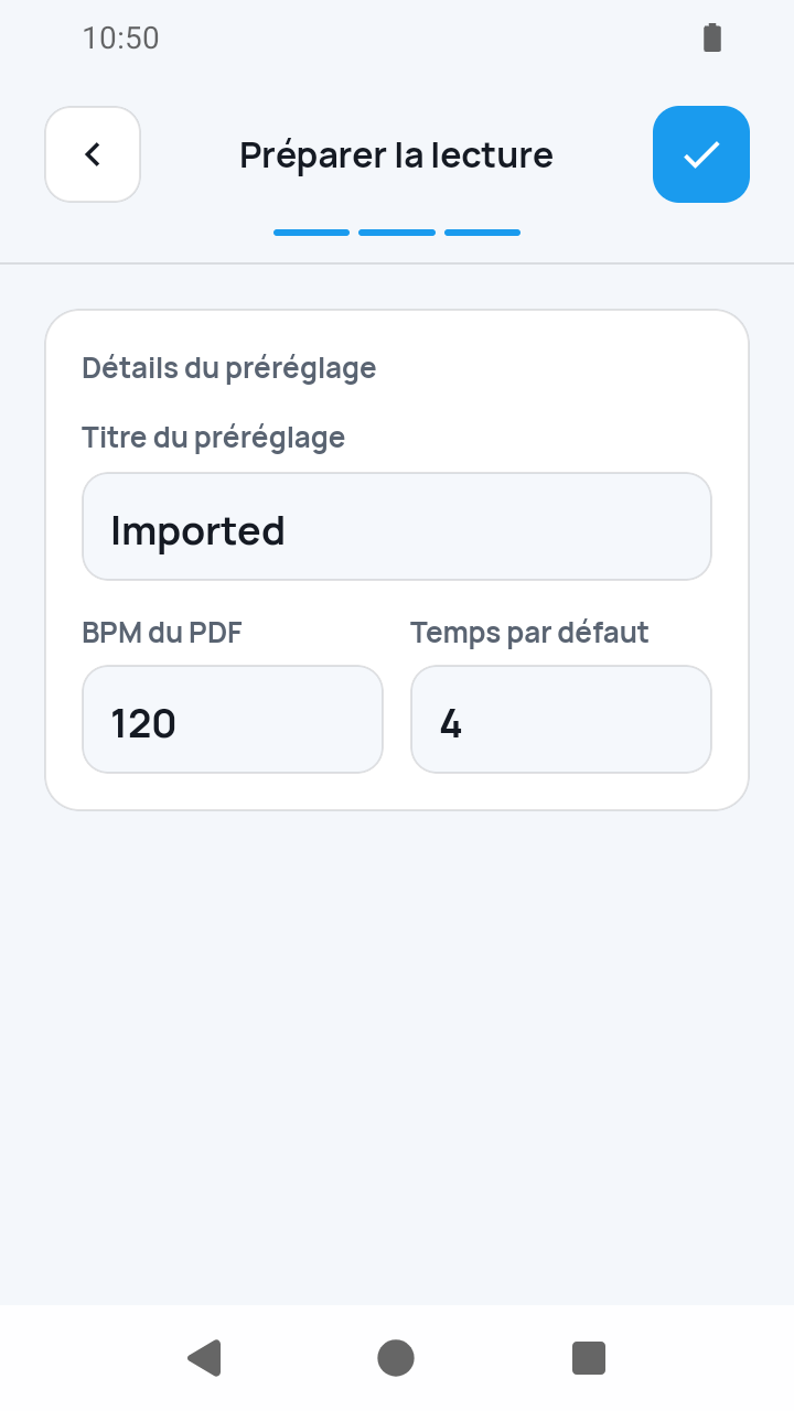 Vue de l'app SheetCue 1.2.5 : étape d'import 3/3 : Préparer la lecture
