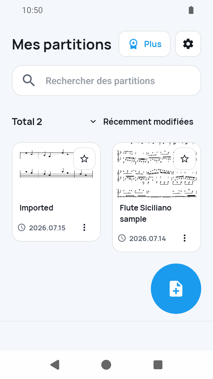Vue de l'app SheetCue 1.2.5 : préréglage importé prêt à répéter dans Mes partitions
