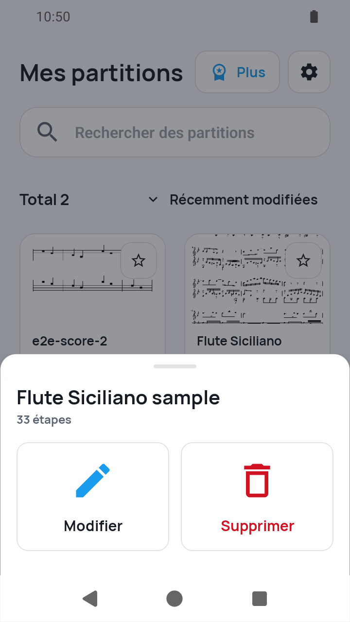 Vue de l'app SheetCue 1.2.5 : actions de partition avec Modifier