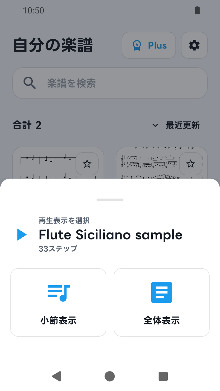 SheetCue 1.2.5の小節表示・全体表示の選択画面