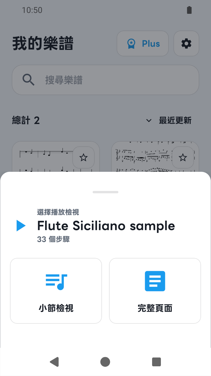 SheetCue 1.2.5 的小節檢視或完整頁面選擇畫面