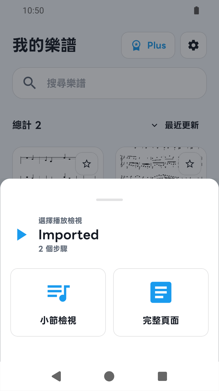 SheetCue 1.2.5 的新匯入的 2 步驟預設之小節檢視或完整頁面選擇畫面
