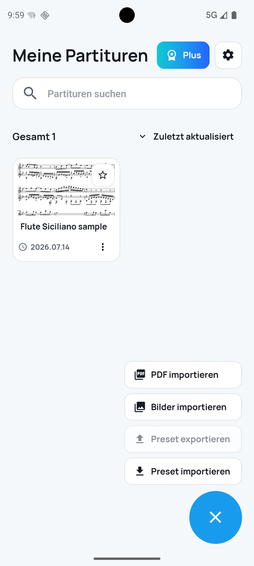 SheetCue-Notenbibliothek mit Import für PDF und Bilder