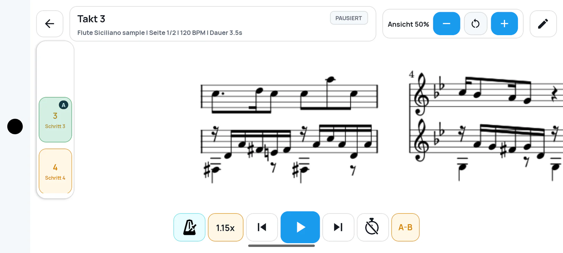 SheetCue-Übungsansicht mit Metronom, Tempo, aktueller Taktdauer und A-B-Loop