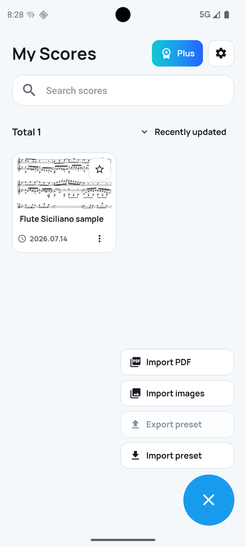 SheetCue score library with PDF and image import actions