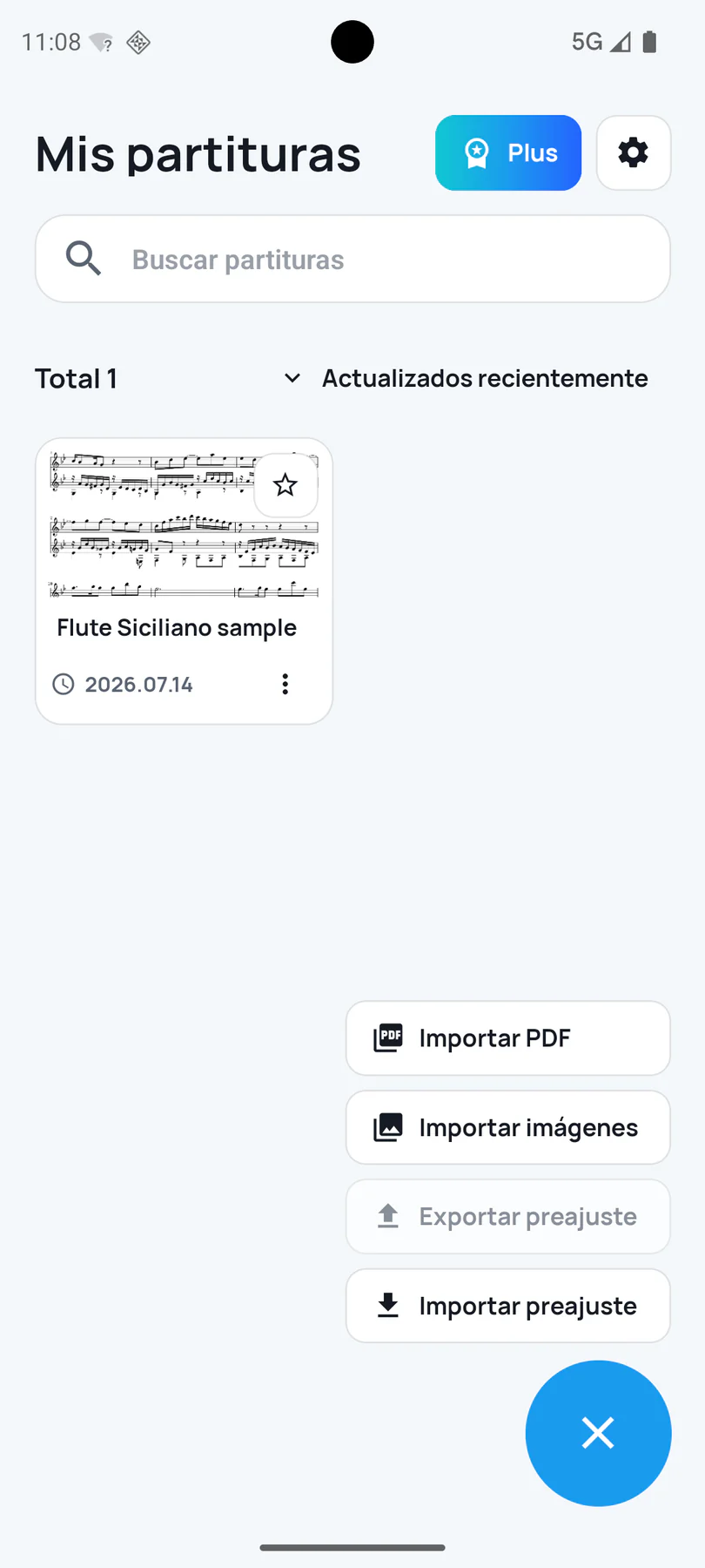 Biblioteca de SheetCue con opciones para importar PDF e imágenes